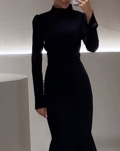 Elegant Solid Color Stand Collar Fishtail Dress