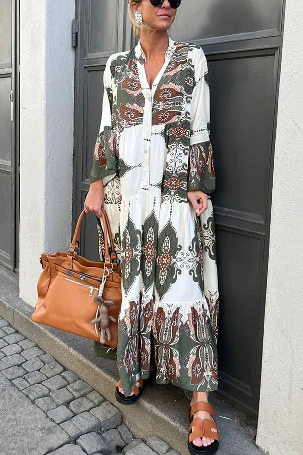 Gracie Paisley Print Button Up Bell Sleeve A-line Maxi Dress