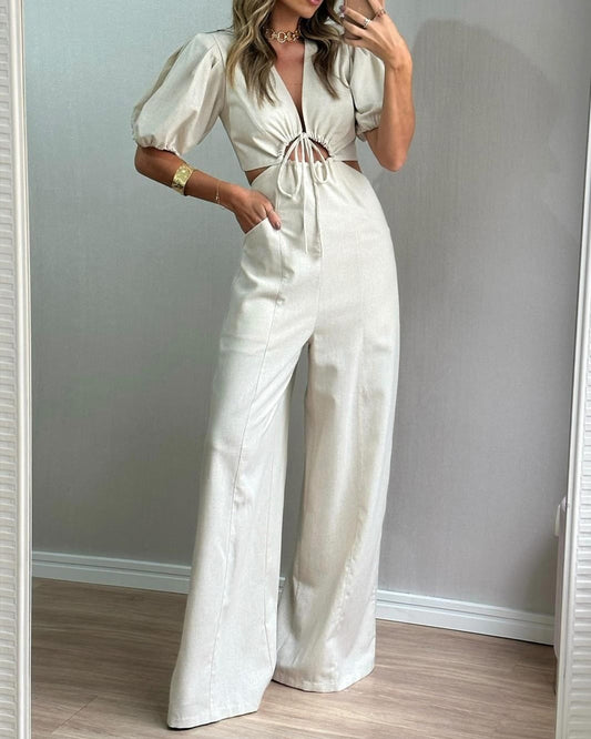 Puff sleeve straps hollow solid color jumpsuit