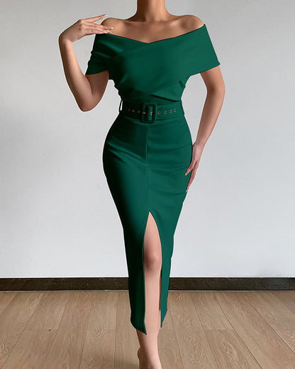 Elegant commuting simple off-the-shoulder belt slit dress