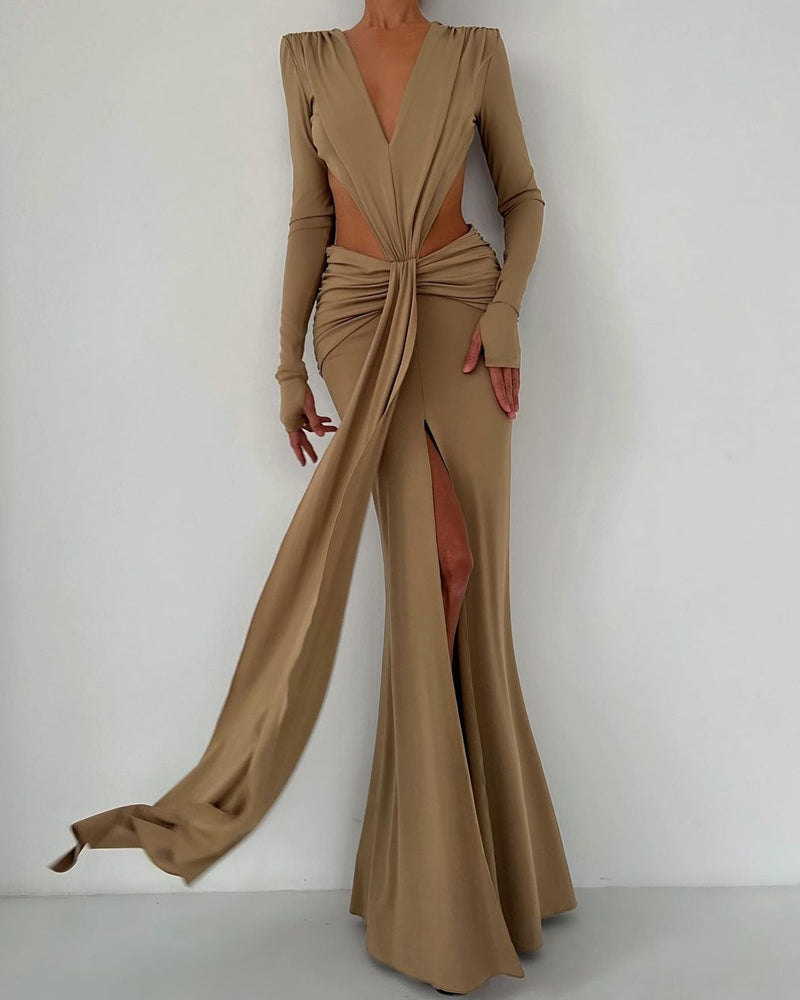 Long-sleeved V-neck solid color hollow dress