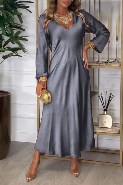 Women's V-neck Long-sleeved Satin Dress grey