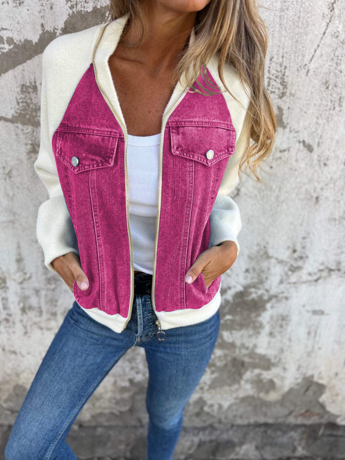 Casual V-neck Zipper Jacket light purple