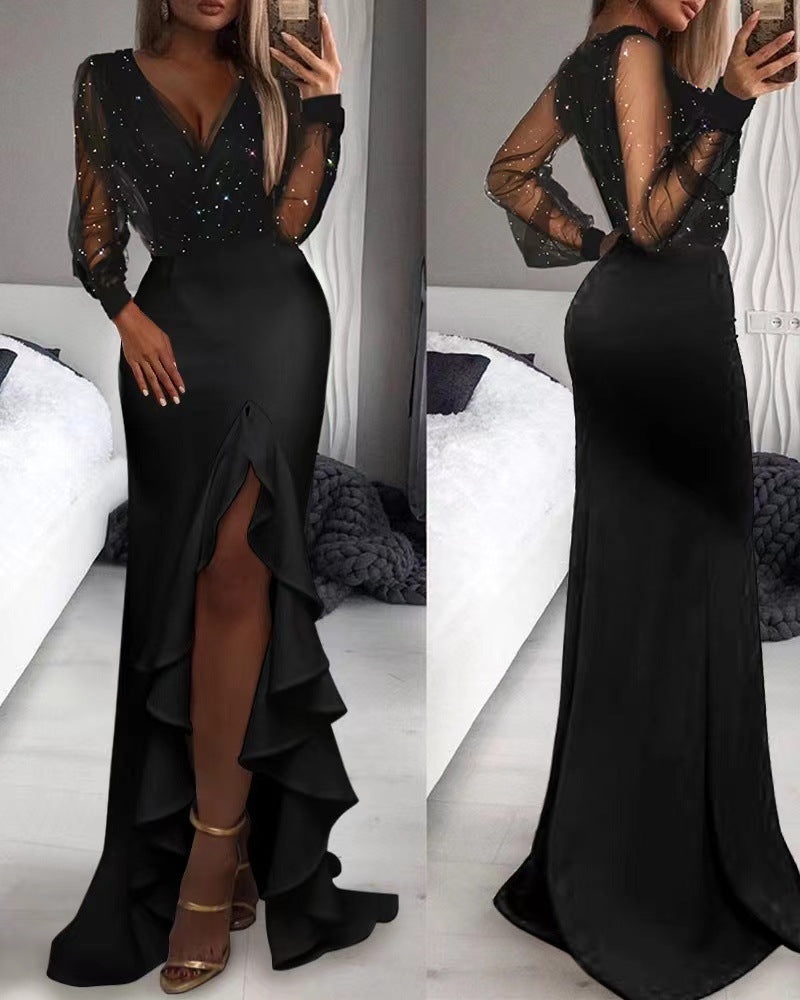 Robe longue sexy en maille à paillettes 