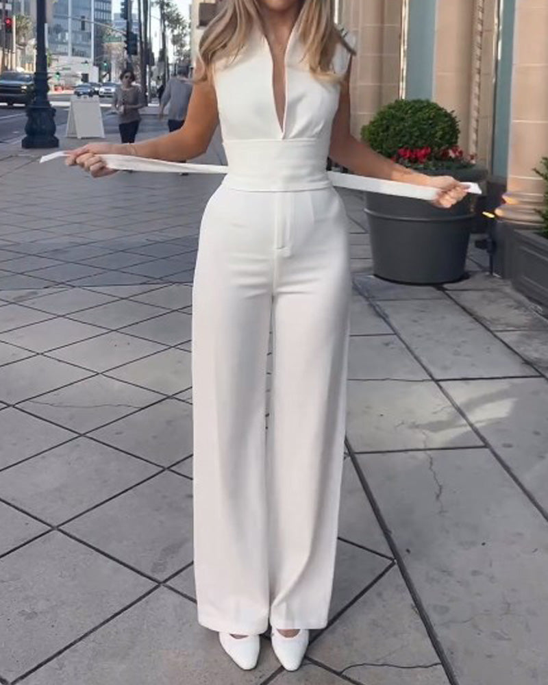 Lapel sleeveless strappy solid color jumpsuit