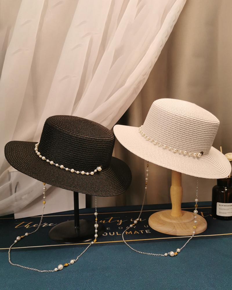 Elegant Straw Hat with Vintage Pearl Chain