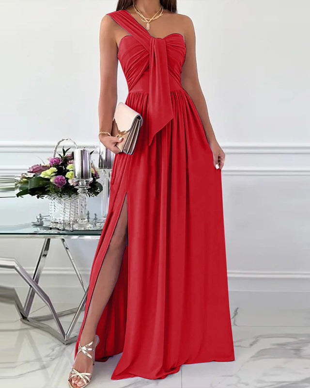 Sleeveless Off Shoulder Slit Hem Dress