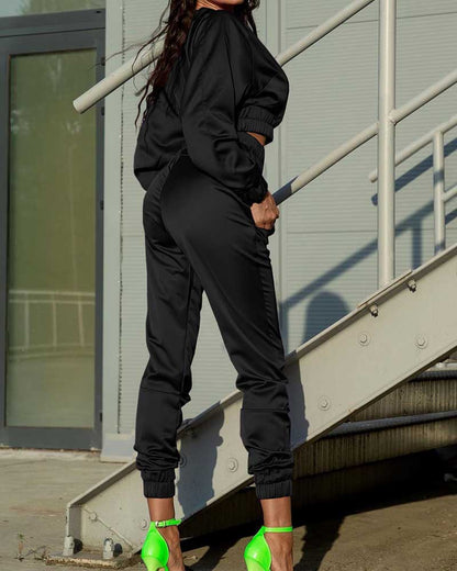 Solid Color Zipper Fashion Casual Two-piece Suit