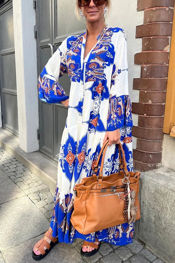 Gracie Paisley Print Button Up Bell Sleeve A-line Maxi Dress