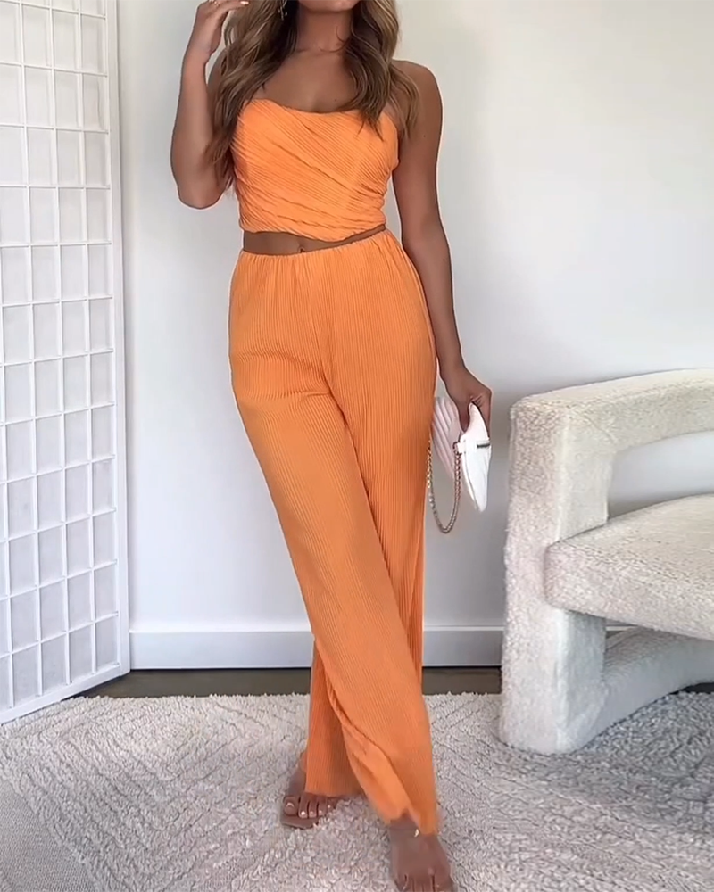 Pleated Tube Top and Pants Two-piece Set