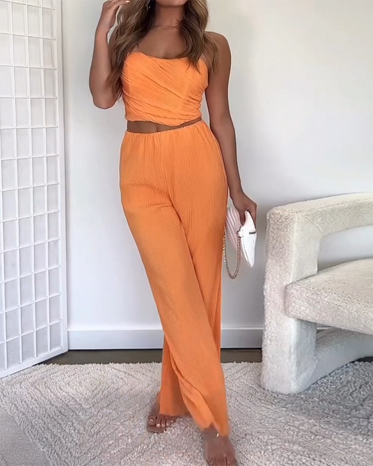 Pleated Tube Top and Pants Two-piece Set