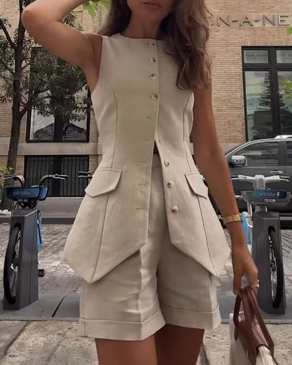 Women's solid color shorts vest suit