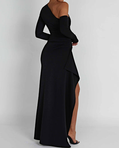 One Shoulder Strapless Long Sleeve Slit Dress