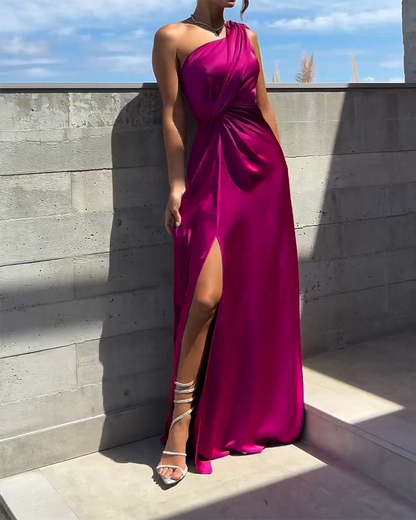 One-shoulder Pleated Slit Dress