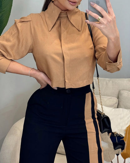 Lapel long sleeves solid color two-piece set