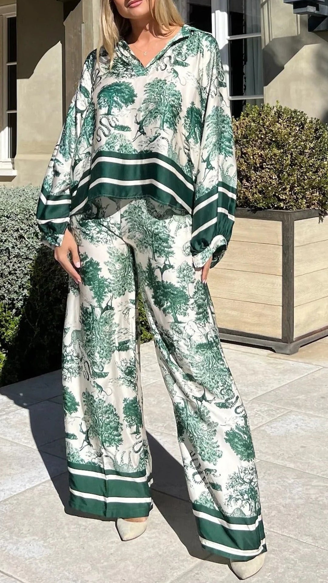 V-neck Printed Long-sleeved Casual Suit Green