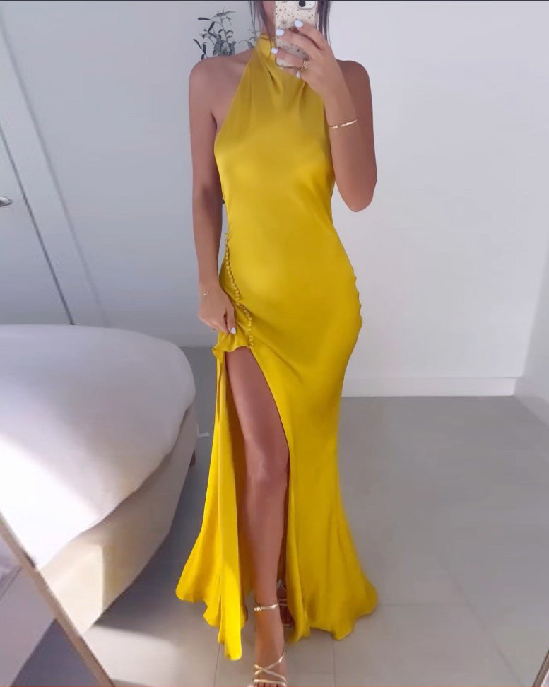 Elegant One Shoulder Solid Color Slit Dress