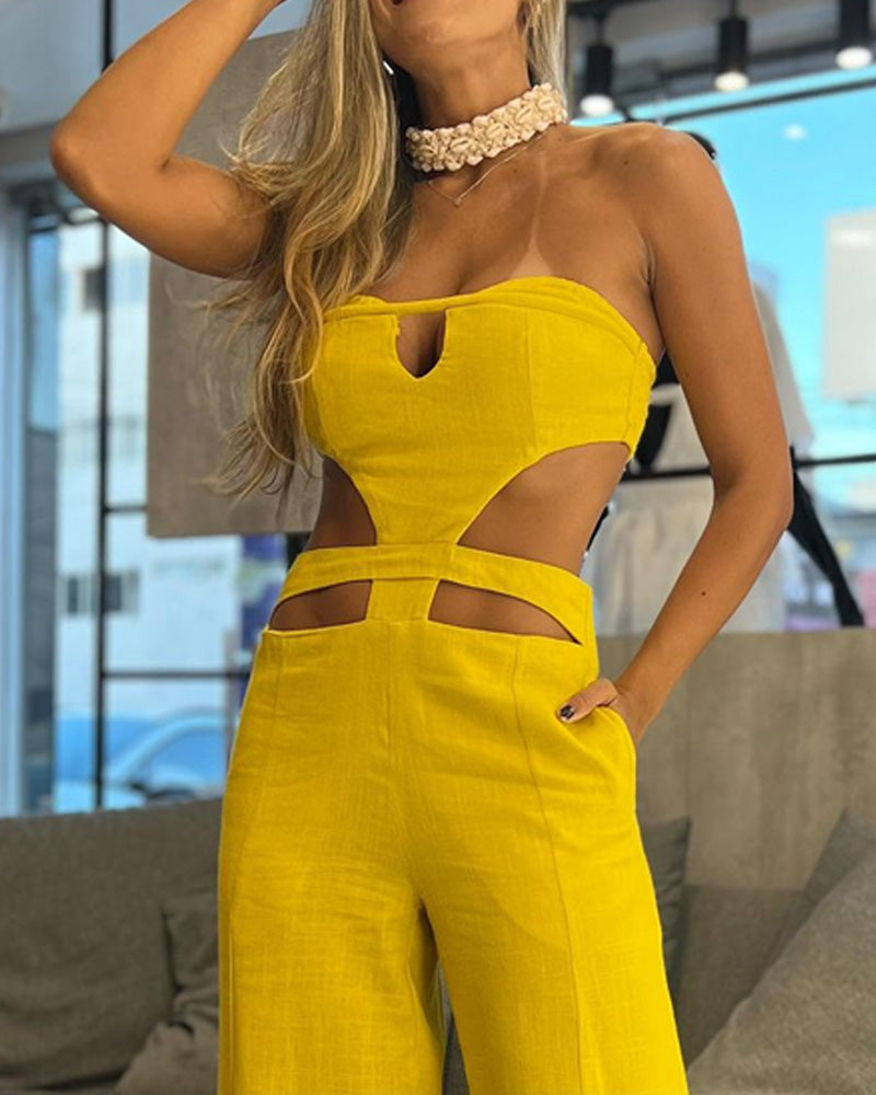 Sleeveless Tube Top Solid Color Hollow Jumpsuit