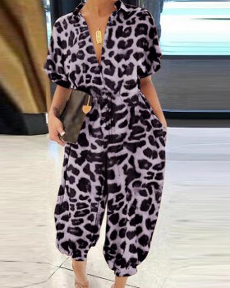 Leopard Print Retro Short Sleeve Jumpsuit