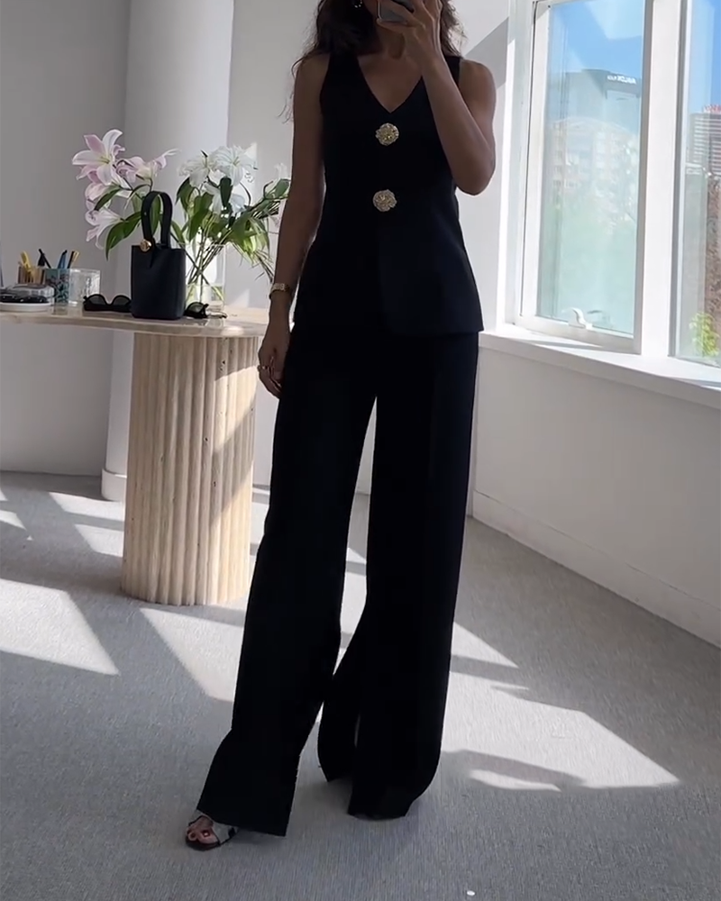 Buttoned Vest and Slit Pants Two-piece Suit