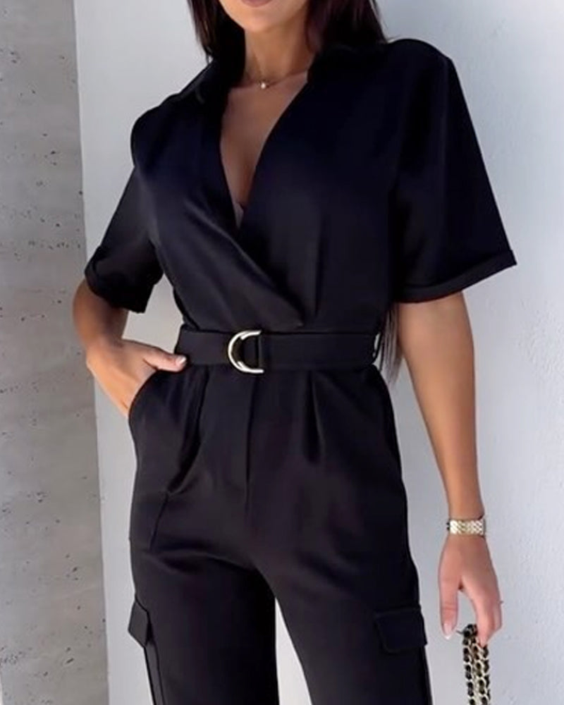 Lapel casual solid color jumpsuits