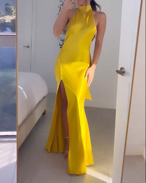 Elegant One Shoulder Solid Color Slit Dress