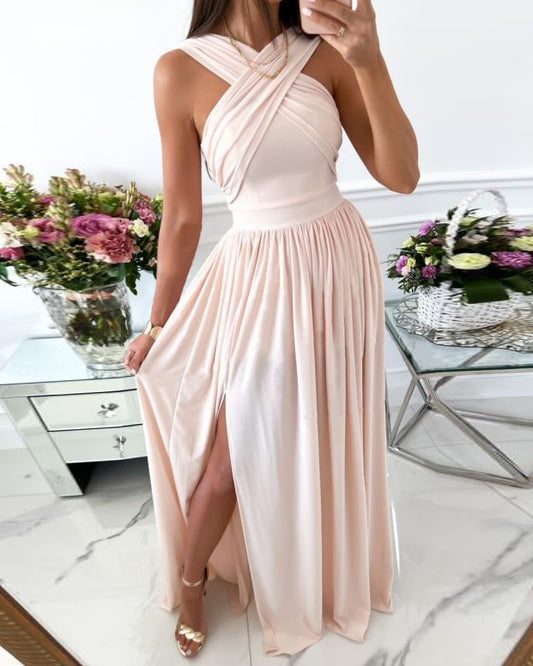 Sleeveless cross sexy open back slit dress