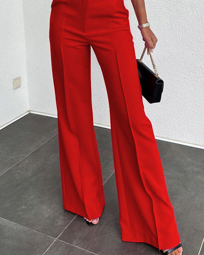 Solid Color Jacket & High Waist Straight Pants Set