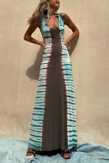 Nil Tie-Dye Print Back Lace-Up Stretch Maxi Dress