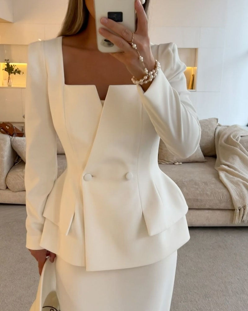 Square collar casual solid color waist two piece suit