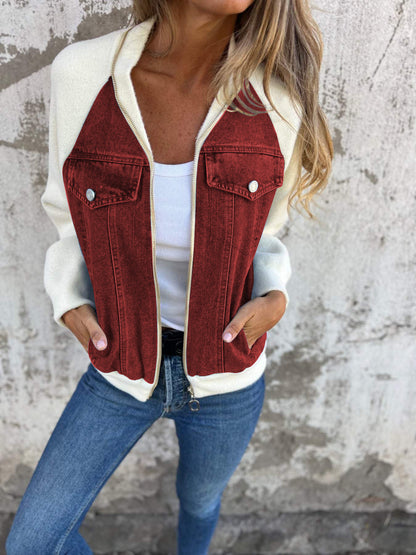 Casual V-neck Zipper Jacket red