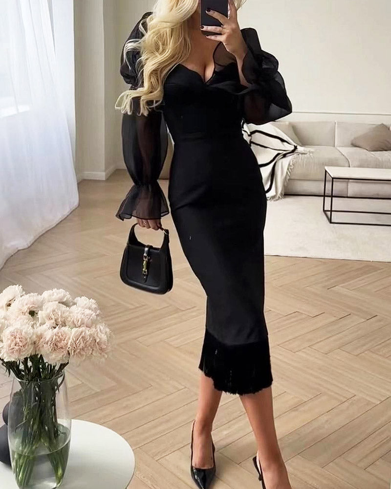 Solid Color Puff Sleeve Slim Fit Tassel Dress