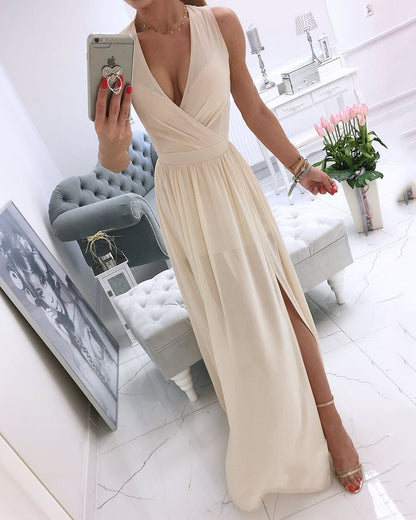 Robe longue sans manches à col en V de couleur unie 