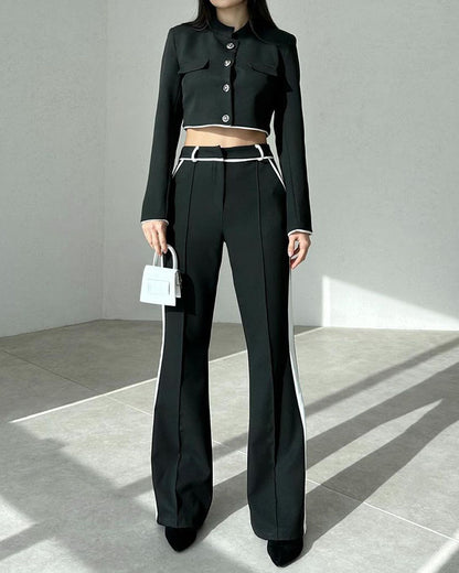 Stand-collar Button-down Top and Pants Patchwork Two-piece Suit