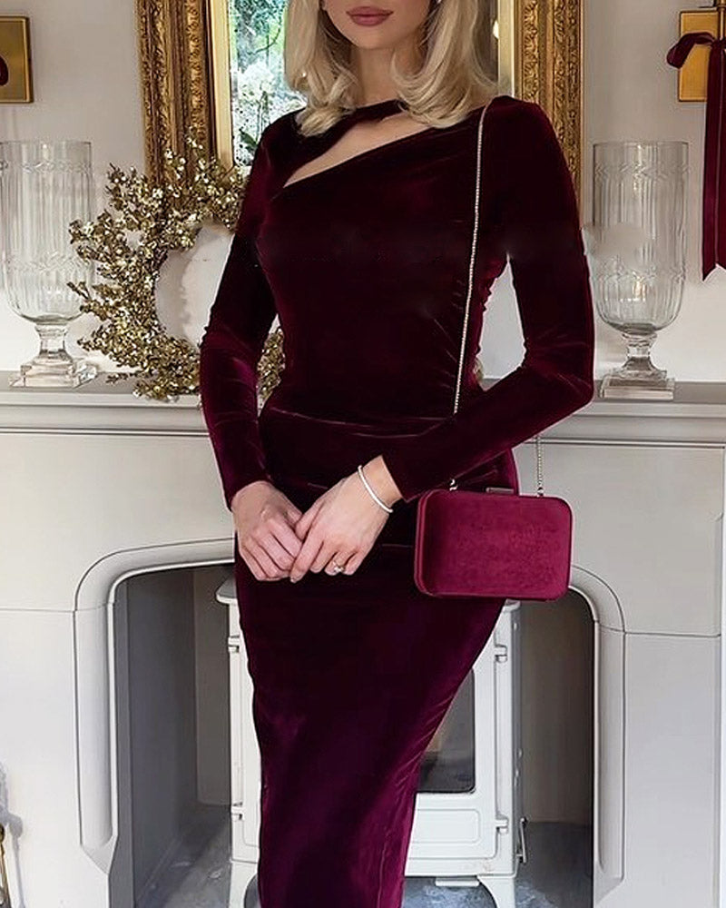 Solid Color Hollow Body-hugging Velvet Dress