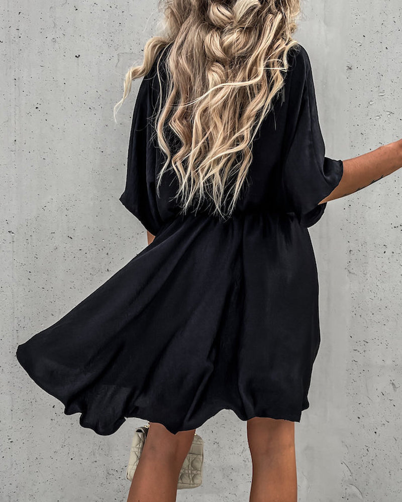 Elegant Solid Color V-neck Loose Dress