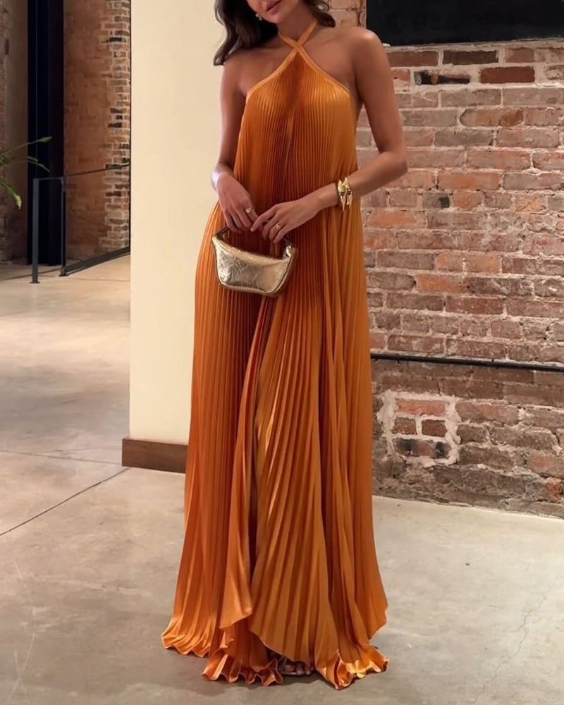 Sleeveless Off-shoulder Pleated Solid Color Dress