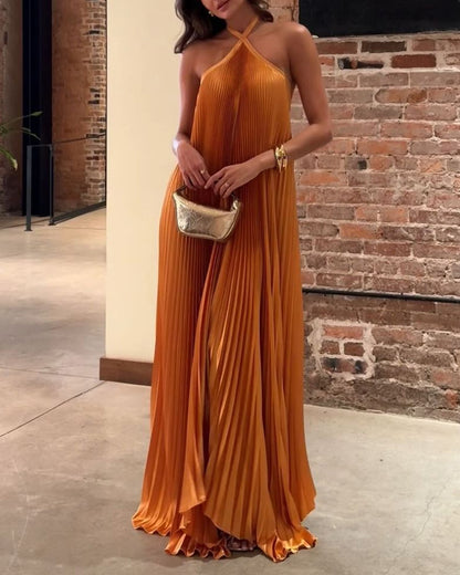 Sleeveless Off-shoulder Pleated Solid Color Dress