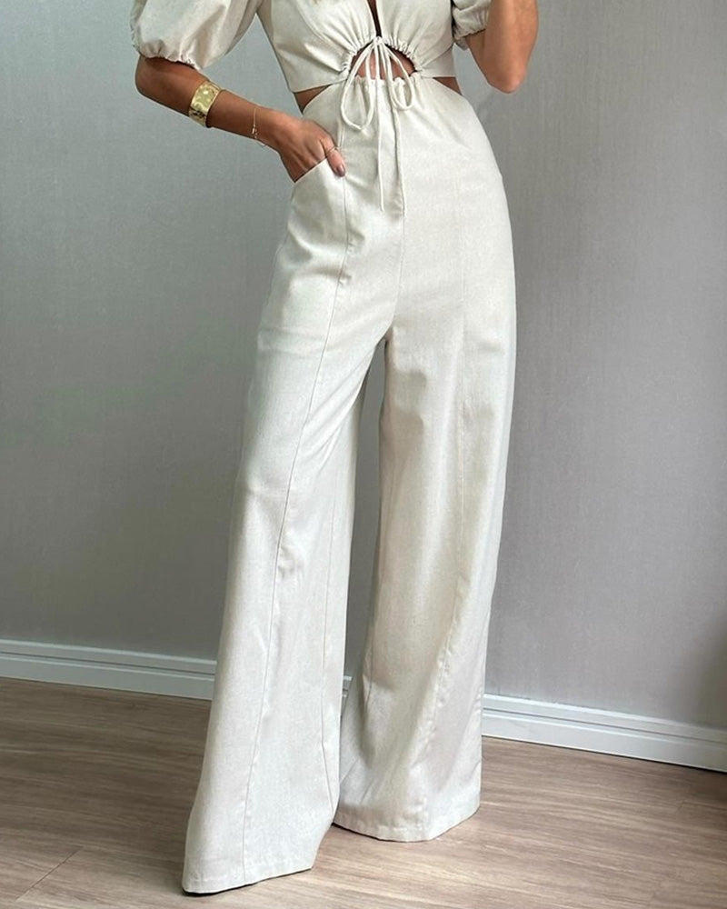 Puff sleeve straps hollow solid color jumpsuit