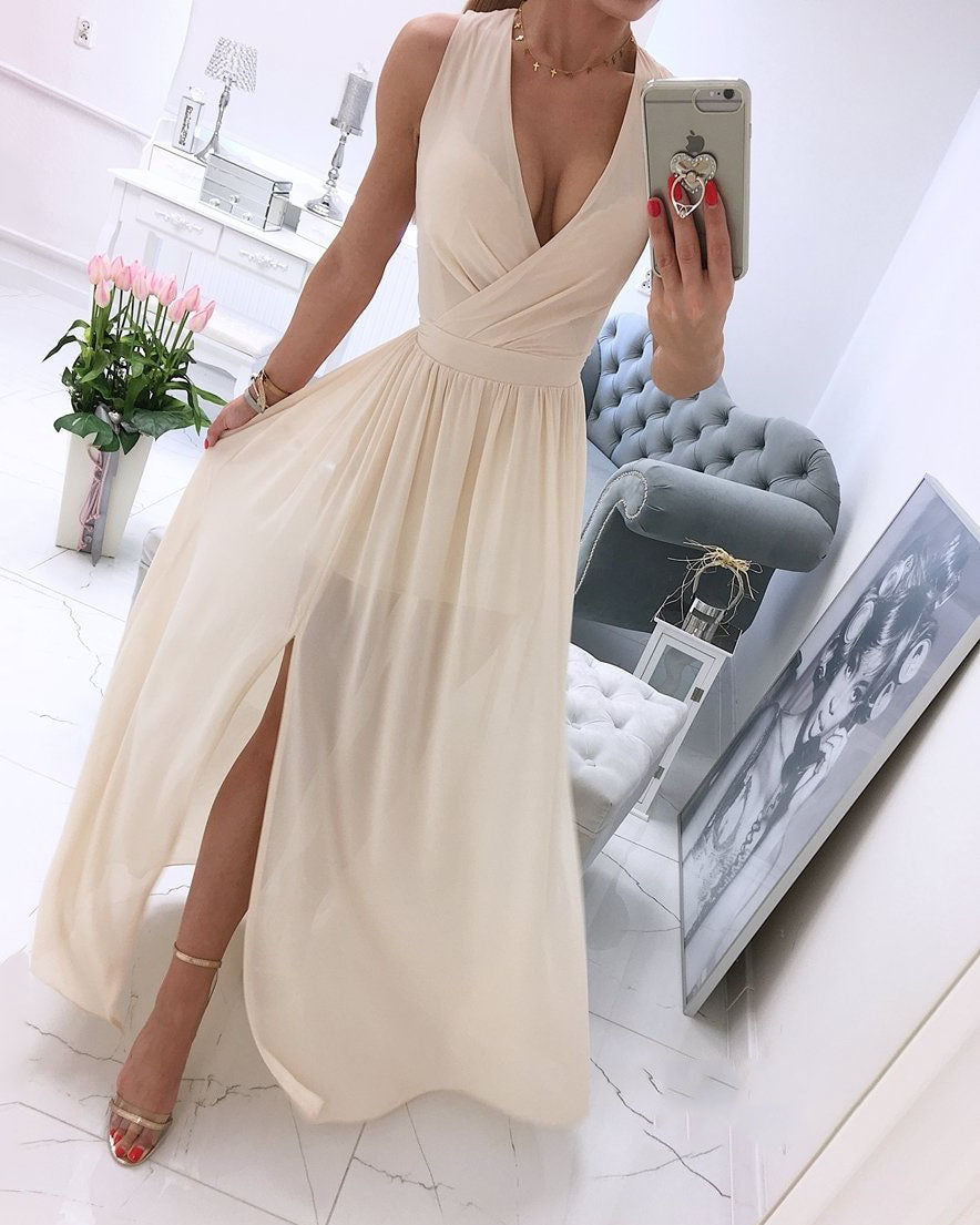 Robe longue sans manches à col en V de couleur unie 