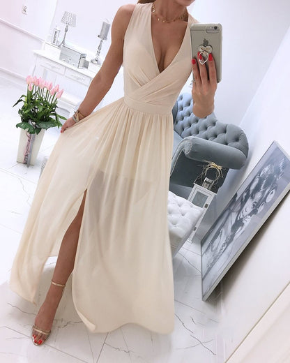 Robe longue sans manches à col en V de couleur unie 