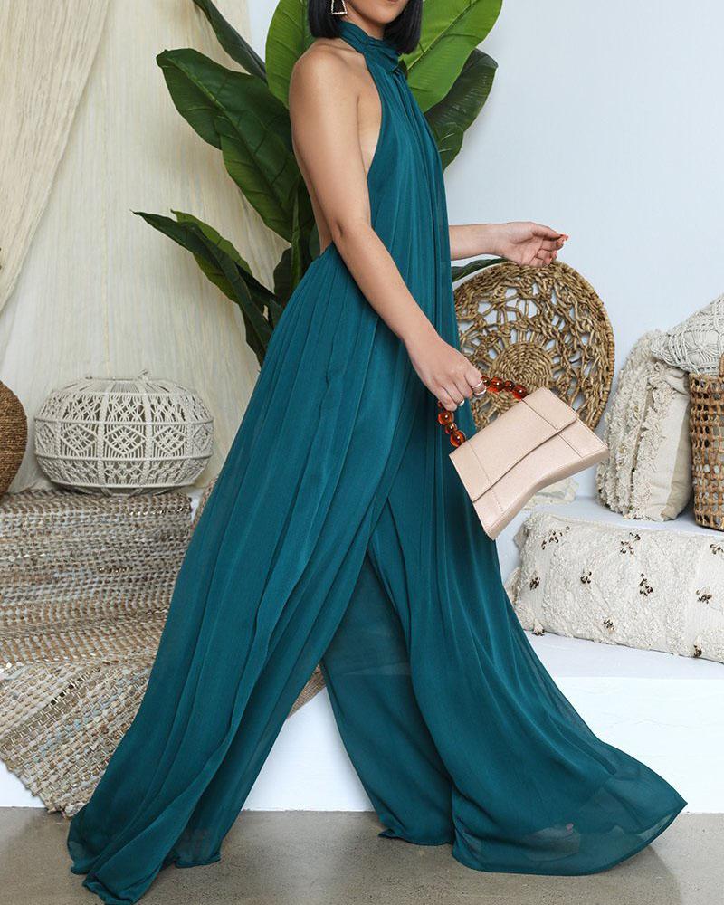 Fashion Casual Halter Pure Color Chiffon Halter Jumpsuit