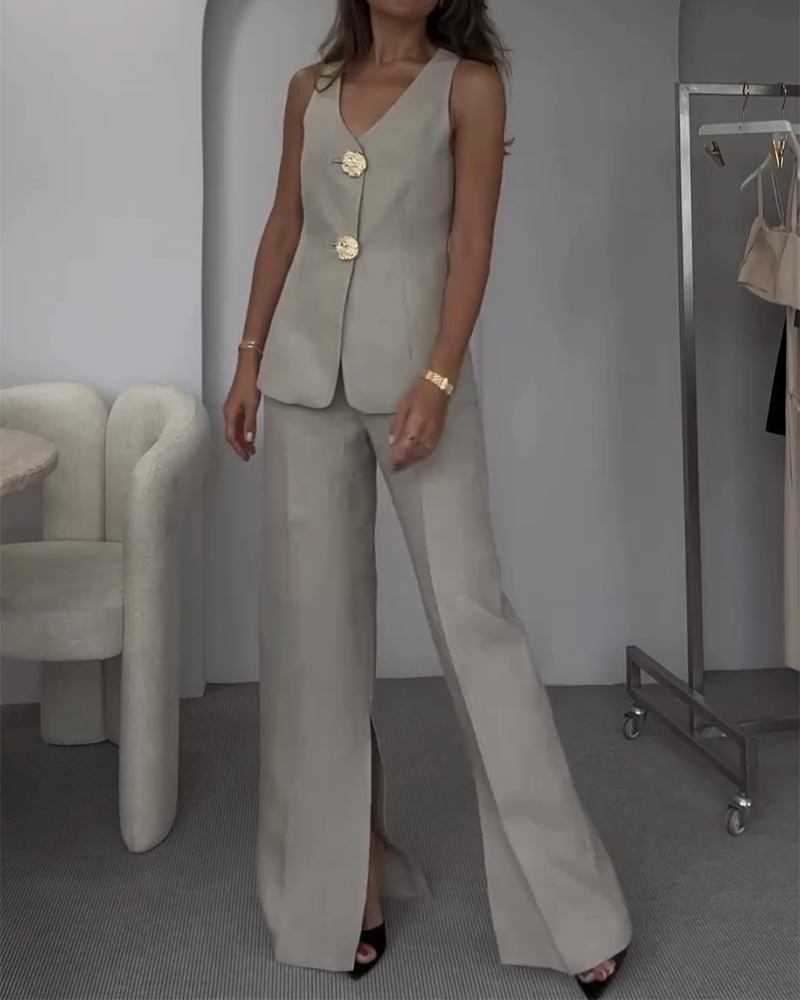 Buttoned Vest and Slit Pants Two-piece Suit