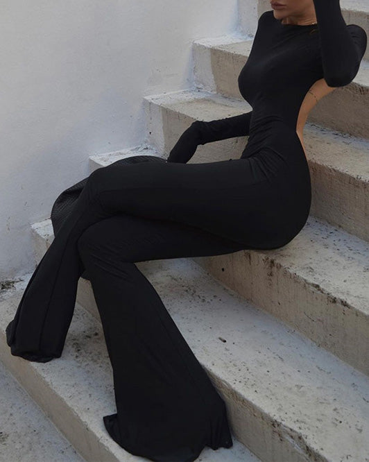 Casual Round Neck Long Sleeves Backless Bootstrap Jumpsuit