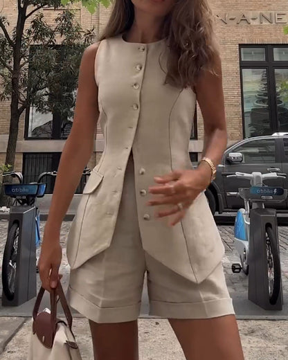 Women's solid color shorts vest suit