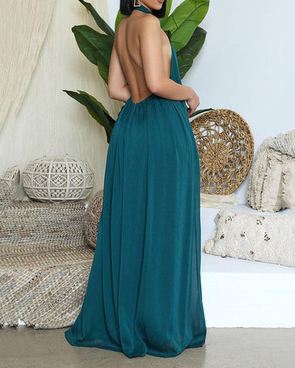 Fashion Casual Halter Pure Color Chiffon Halter Jumpsuit