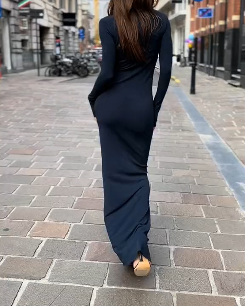 Round Neck Pullover Solid Color Long Sleeve Dress