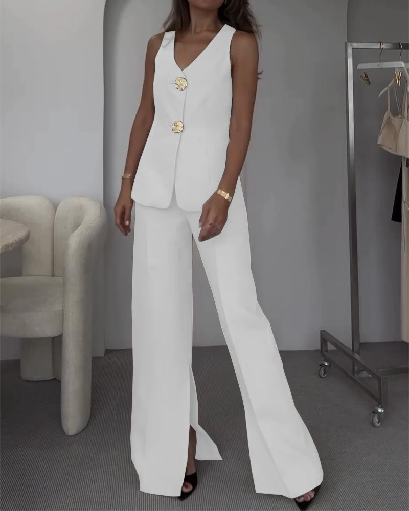 Buttoned Vest and Slit Pants Two-piece Suit