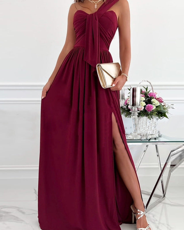 Sleeveless Off Shoulder Slit Hem Dress