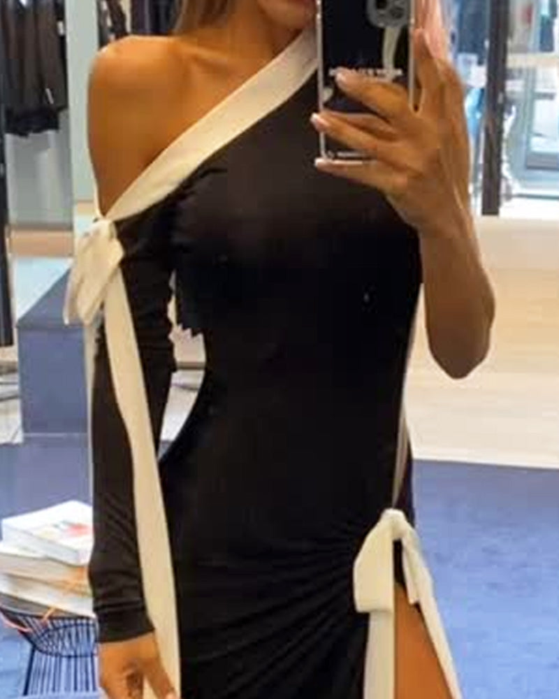 One-shoulder strappy solid color dress